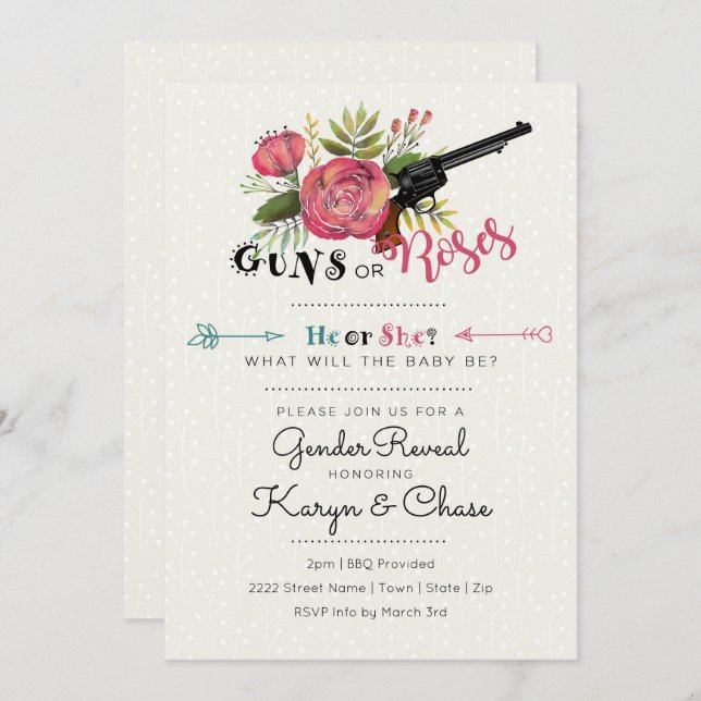 Gender Reveal Guns or Roses Invitation (Front/Back)