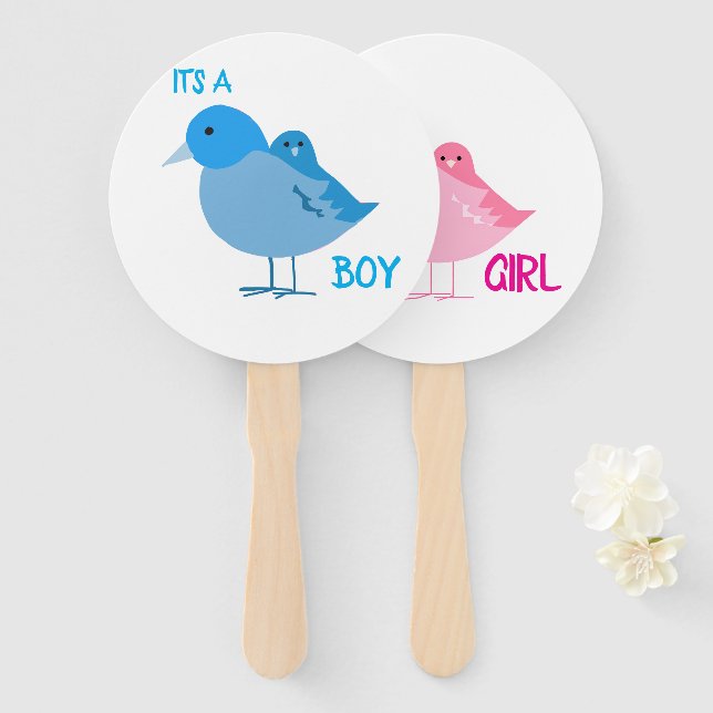 Gender reveal hand fans with cute birds showers (Front and Back)