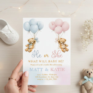Gender Reveal "He or She Bear Balloons Blue Pink Invitation