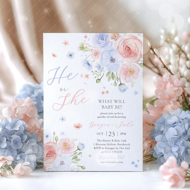 Gender Reveal He or She Pink Blue Invitation (He or She what will baby be? Pink Blue floral gender reveal invitation)
