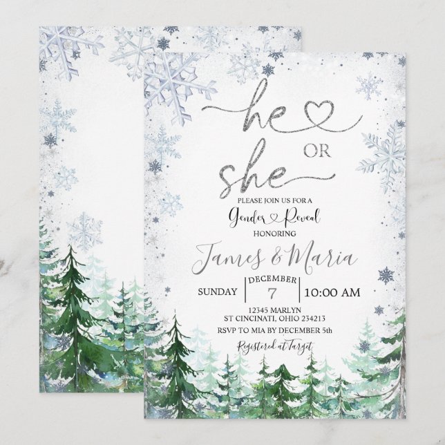 Gender Reveal He or She Winter Snowflakes Forest Invitation (Front/Back)