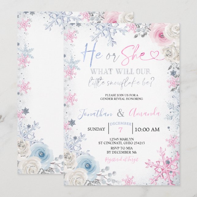 Gender Reveal He or She Winter Snowflakes Invitation (Front/Back)