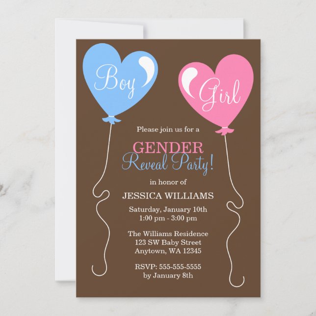 Gender Reveal Heart Balloons Pink and Blue Invitation (Front)