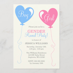 Gender Reveal Heart Balloons Pink Blue Ivory Invitation