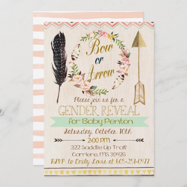 Gender Reveal Invitation, Bows or Arrows, Tribal Invitation (Front/Back)