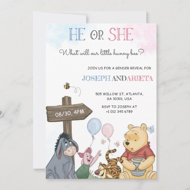 Gender reveal invitation card with joyful imagery  (Front)