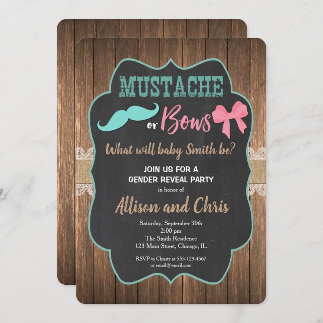 Gender reveal invitation moustache or bows (Front/Back)