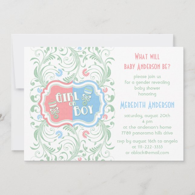 Gender Reveal Invitation Pink Blue Floral Baby (Front)