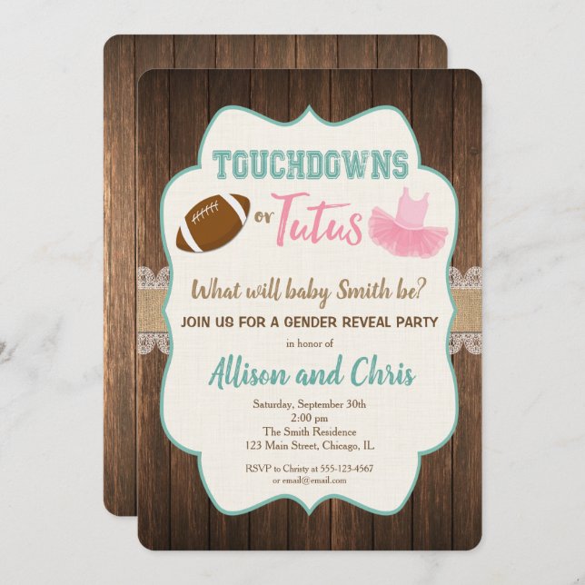 Gender reveal invitation touchdown or tutus (Front/Back)