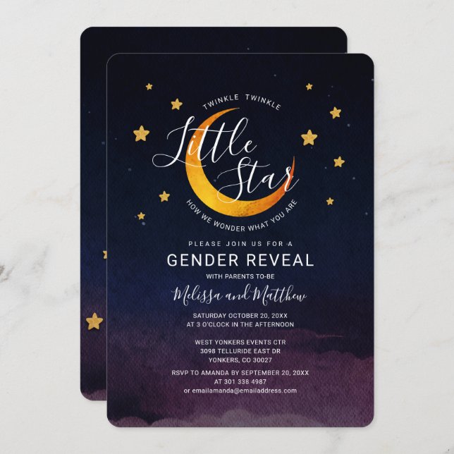 Gender Reveal Invitation Twinkle Little Moon Star (Front/Back)