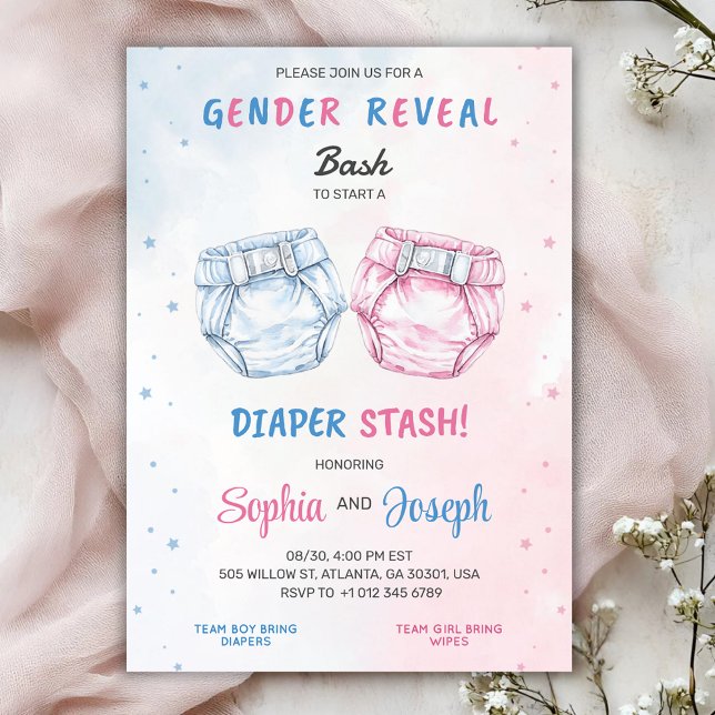 Gender reveal invitation with "Bash" and "Diaper  (Creator Uploaded)