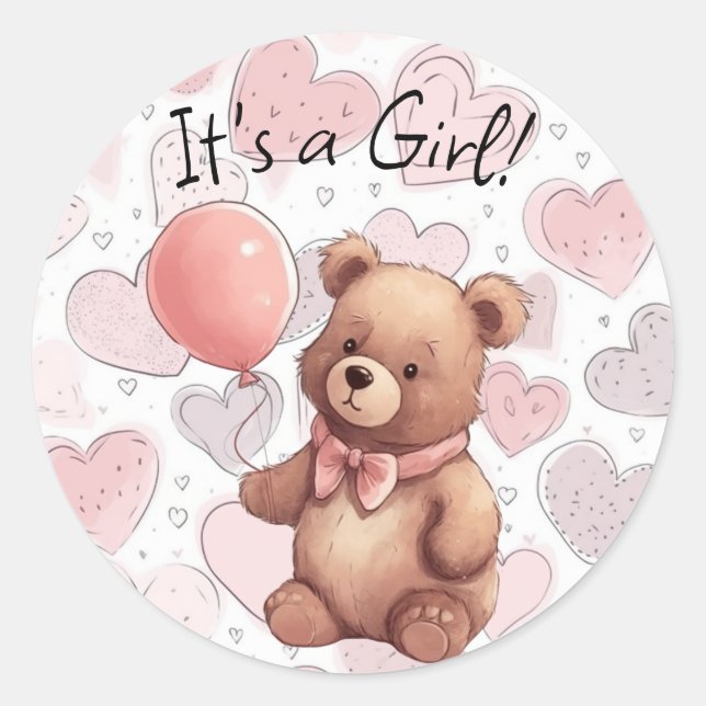 Gender Reveal It's a Girl Pink Classic Round Sticker (Front)