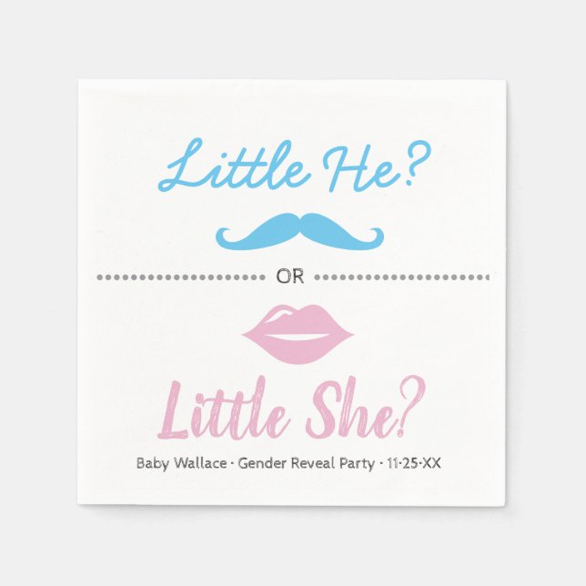 Gender Reveal, Little He Little She, Lips Moustach Napkin (Front)