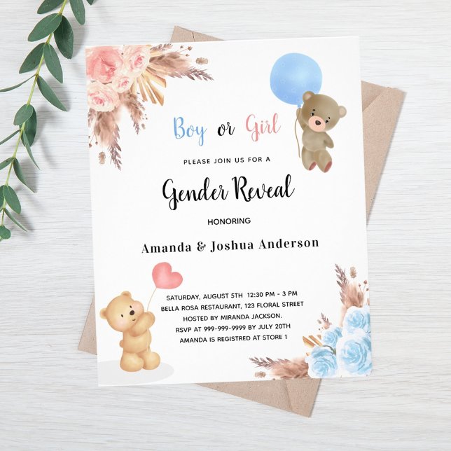 Gender reveal pampas teddy bear couple budget flyer (Creator Uploaded)
