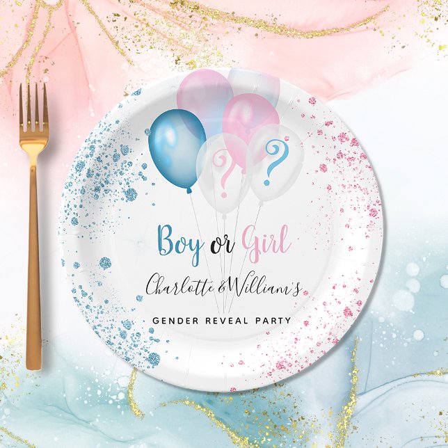 Gender reveal party boy girl blue pink glitter paper plate (Creator Uploaded)