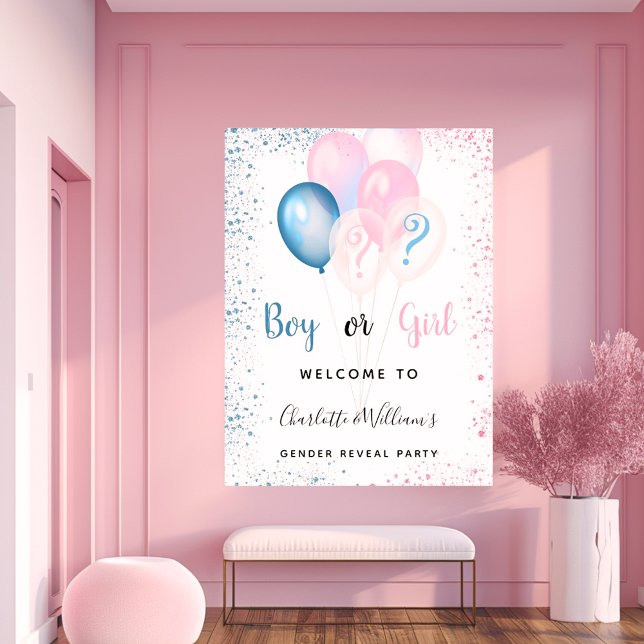 Gender reveal party boy girl blue pink glitter poster (Creator Uploaded)