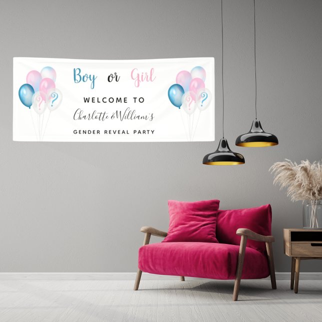 Gender reveal party boy girl blue pink white banner (Creator Uploaded)