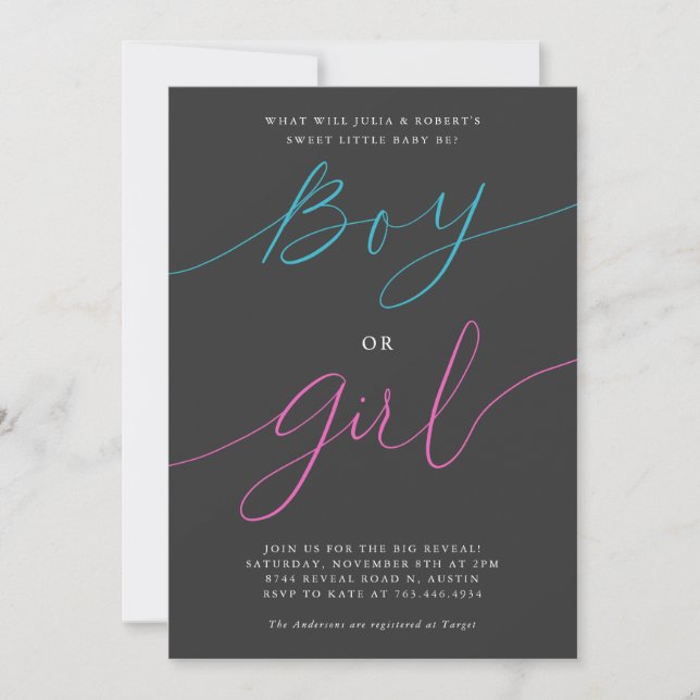 Gender Reveal Party Boy or Girl Modern Script Grey Invitation (Front)