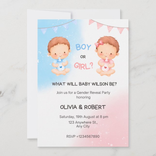 gender reveal party,boy or girl,pink and blue  holiday card (Front)