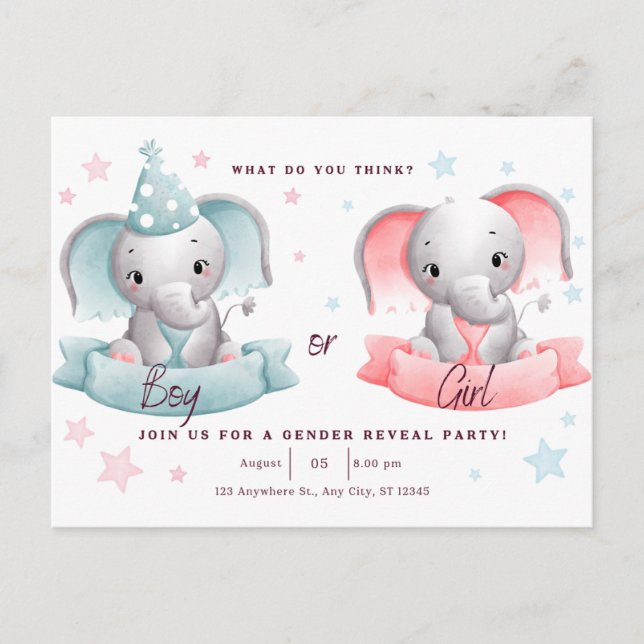 gender reveal party cute elephant,he or she postcard (Front)
