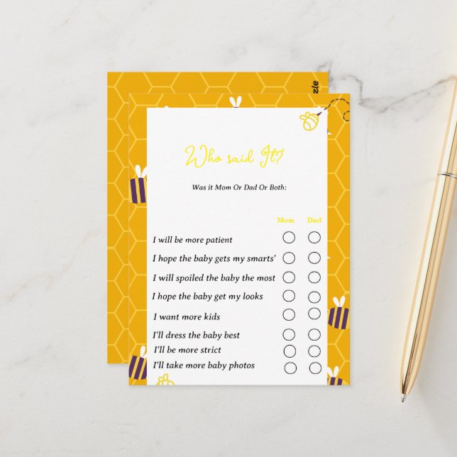 Gender reveal party games bumble bee themes postcard (Front/Back In Situ)