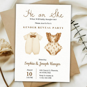 Gender reveal party invitation with pastel outfits