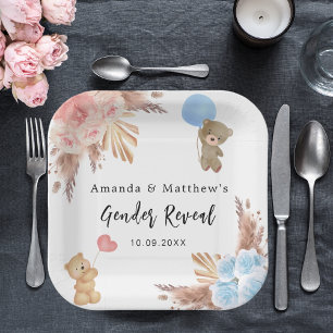 Gender reveal party pampas teddy bear boy girl paper plate