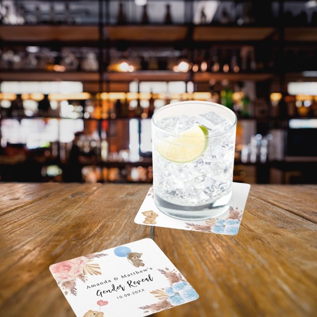 Gender reveal party pampas teddy bear boy girl square paper coaster (Creator Uploaded)