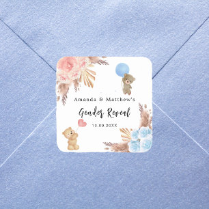 Gender reveal party pampas teddy bear boy girl square sticker