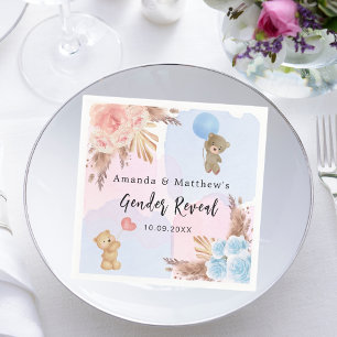 Gender reveal party pampas teddy bear pink blue napkin