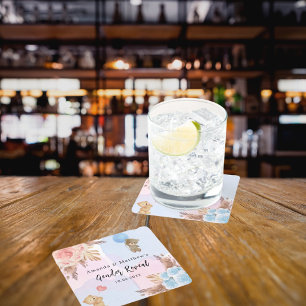 Gender reveal party pampas teddy bear pink blue square paper coaster