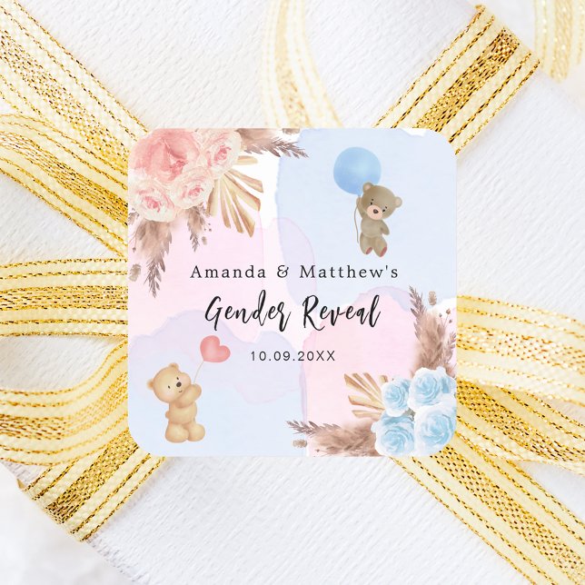 Gender reveal party pampas teddy bear pink blue square sticker (Creator Uploaded)