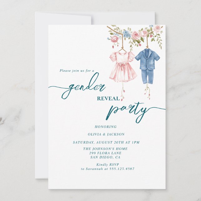 gender reveal party pink and blue clouth invitation (Front)