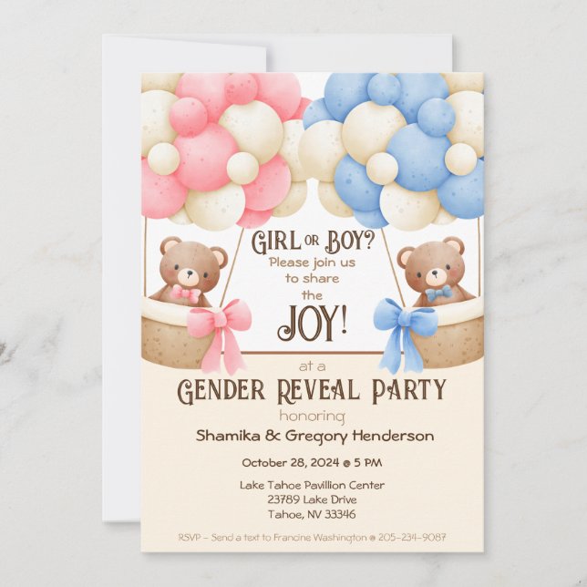 Gender Reveal Party Pink & Blue Balloon Bears  Invitation (Front)