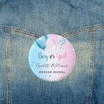 Gender reveal party pink blue boy girl balloons 6 cm round badge<br><div class="desc">For a gender reveal baby shower,  A blue and pink gradient background. Decorated with glitter and blue,  pink and white balloons. With the text: Boy or Girl. Personalise and add the name of the parents.</div>