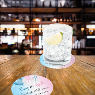 Gender reveal party pink blue boy girl balloons round paper coaster