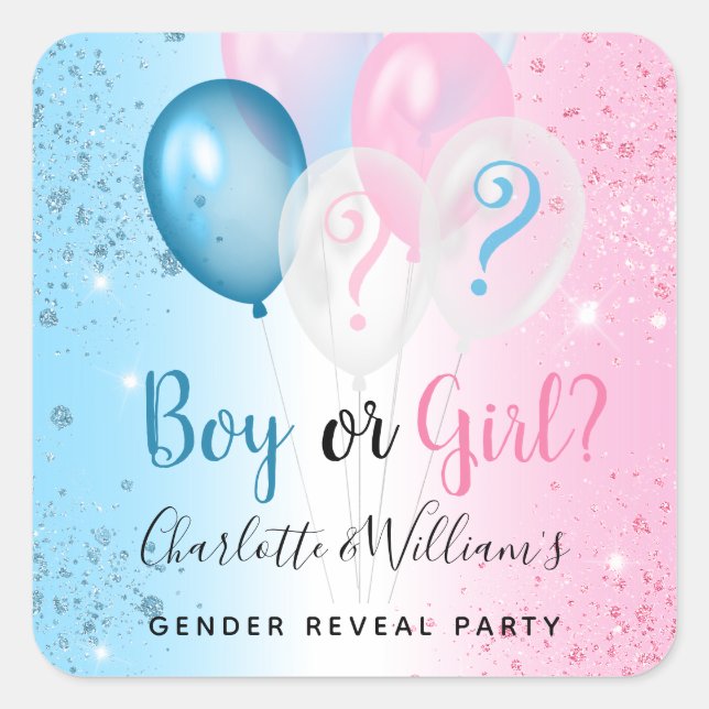 Gender reveal party pink blue boy girl balloons square sticker (Front)