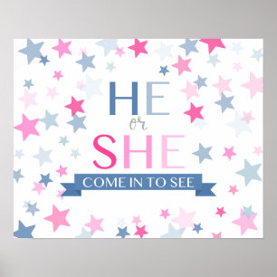 Gender reveal party sign, he or she come in to see poster