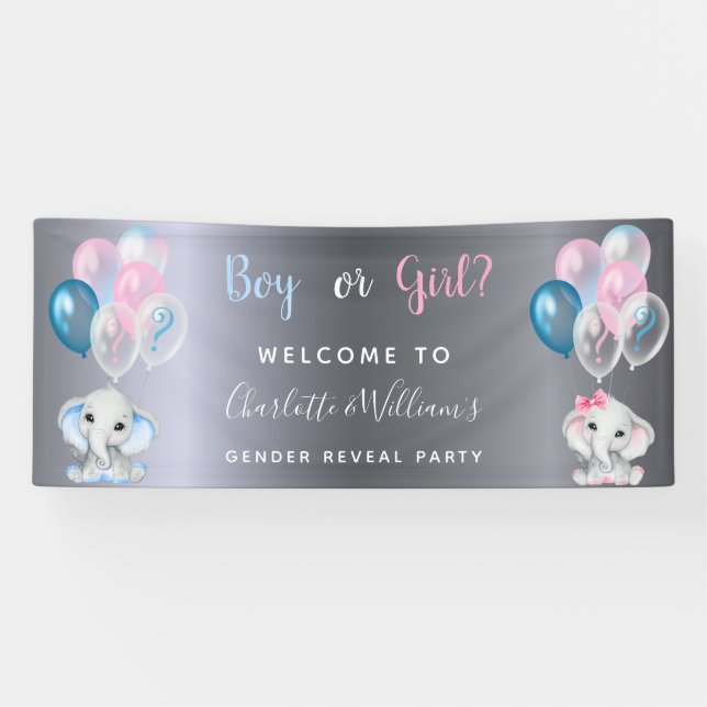 Gender reveal party silver baby elephants  banner (Horizontal)