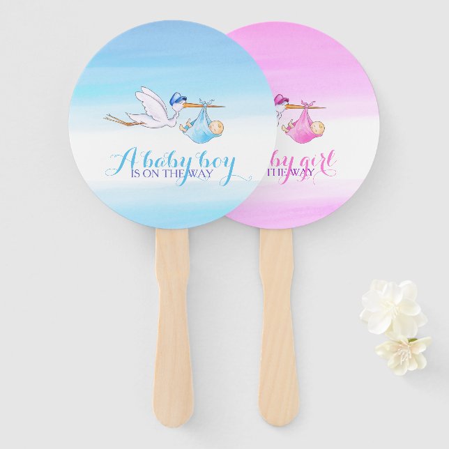 Gender reveal party stork girl or boy baby shower hand fan (Front and Back)