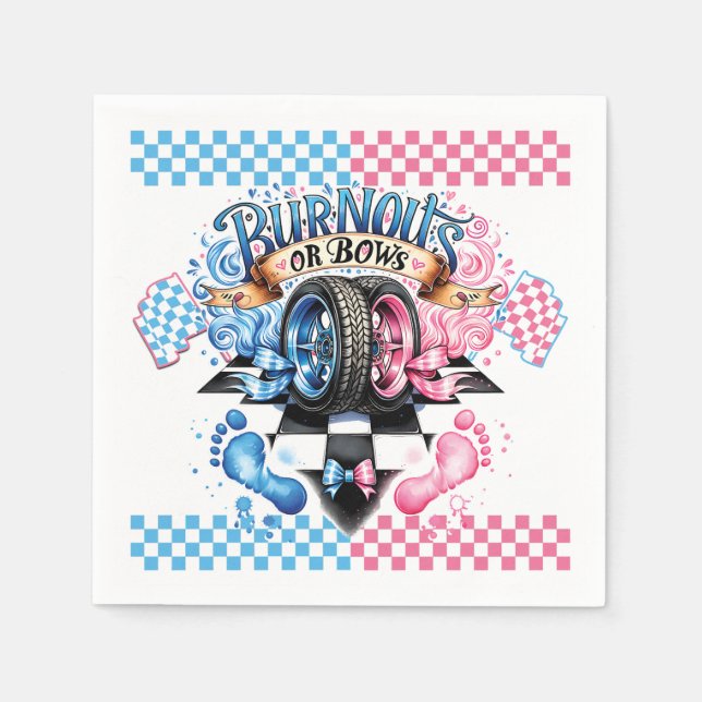 Gender Reveal Pink and Blue Bows and Tires Napkin (Front)