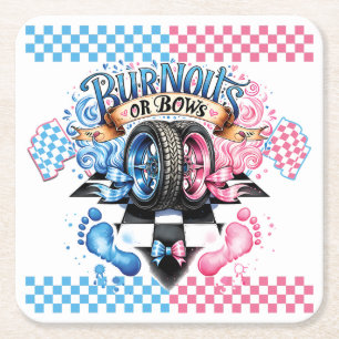 Gender Reveal Pink and Blue Bows and Tires Square Paper Coaster