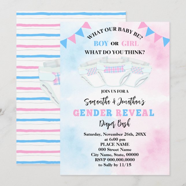 Gender Reveal Pink and Blue Diaper Bash Invitation (Front/Back)