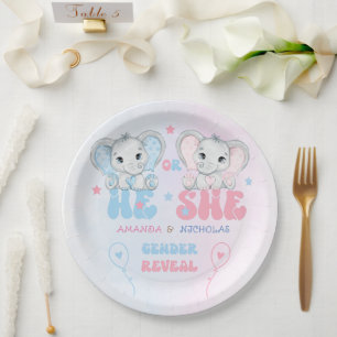Gender Reveal Pink and Blue Elephant Paper Plate