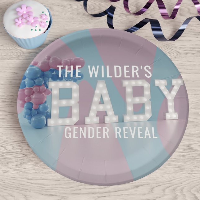 Gender Reveal Pink Blue Baby Shower Paper Plates (Pink and blue gender reveal paper plates just for you. Add your family name)