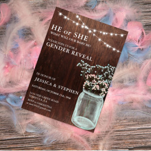 Gender Reveal Pink Blue Baby's Breath wood Invitation