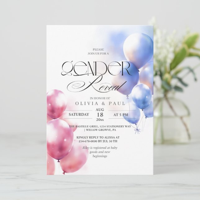 Gender Reveal pink blue balloons Baby Boy Girl  Invitation (Standing Front)