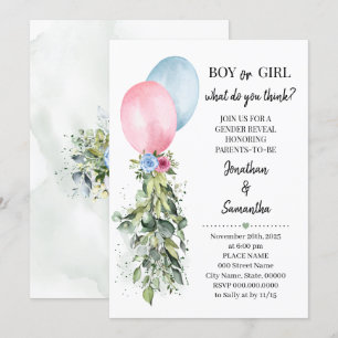 Gender Reveal Pink blue Balloons Eucalyptus Invitation