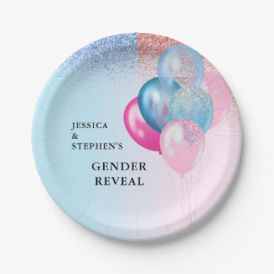 Gender Reveal Pink Blue Balloons Glitter Paper Plate