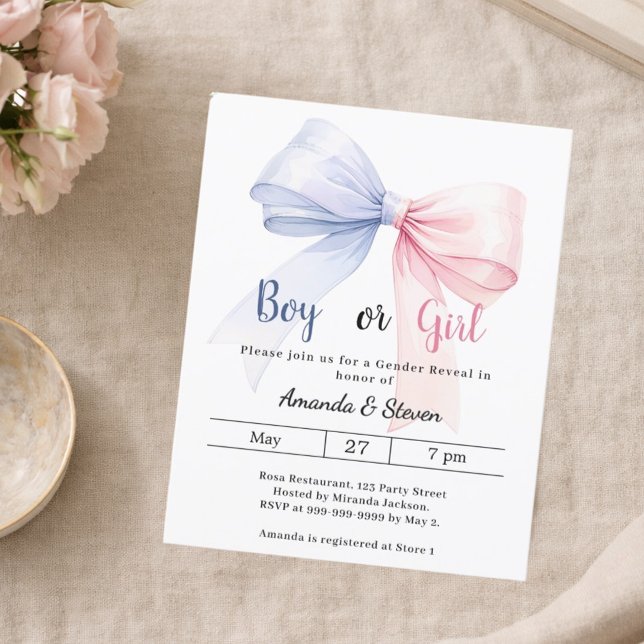 Gender reveal pink blue bow boy girl invitation (Creator Uploaded)